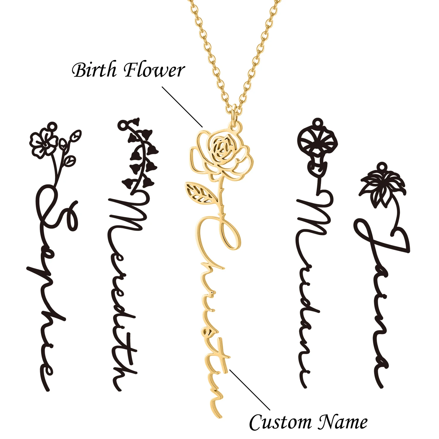 Dascusto Custom Name Necklace With Twelve Birth Flowers Stainless Steel Jewelry Birthday Gift For Women Personalised Necklaces custom engraved name keychain with twelve birth flowers personalized birth flower keyring birthday gift for mother best friends