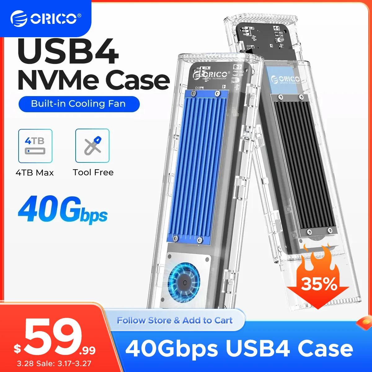 ORICO 냉각 선풍기 포함 SSD 케이스, 40Gbps USB4 M.2, M2 NVMe 케이스 인클로저, 맥북 프로용 썬더볼트 3 4 USB3.2 와 호환 가능 삼성전자 삼성 980 pro