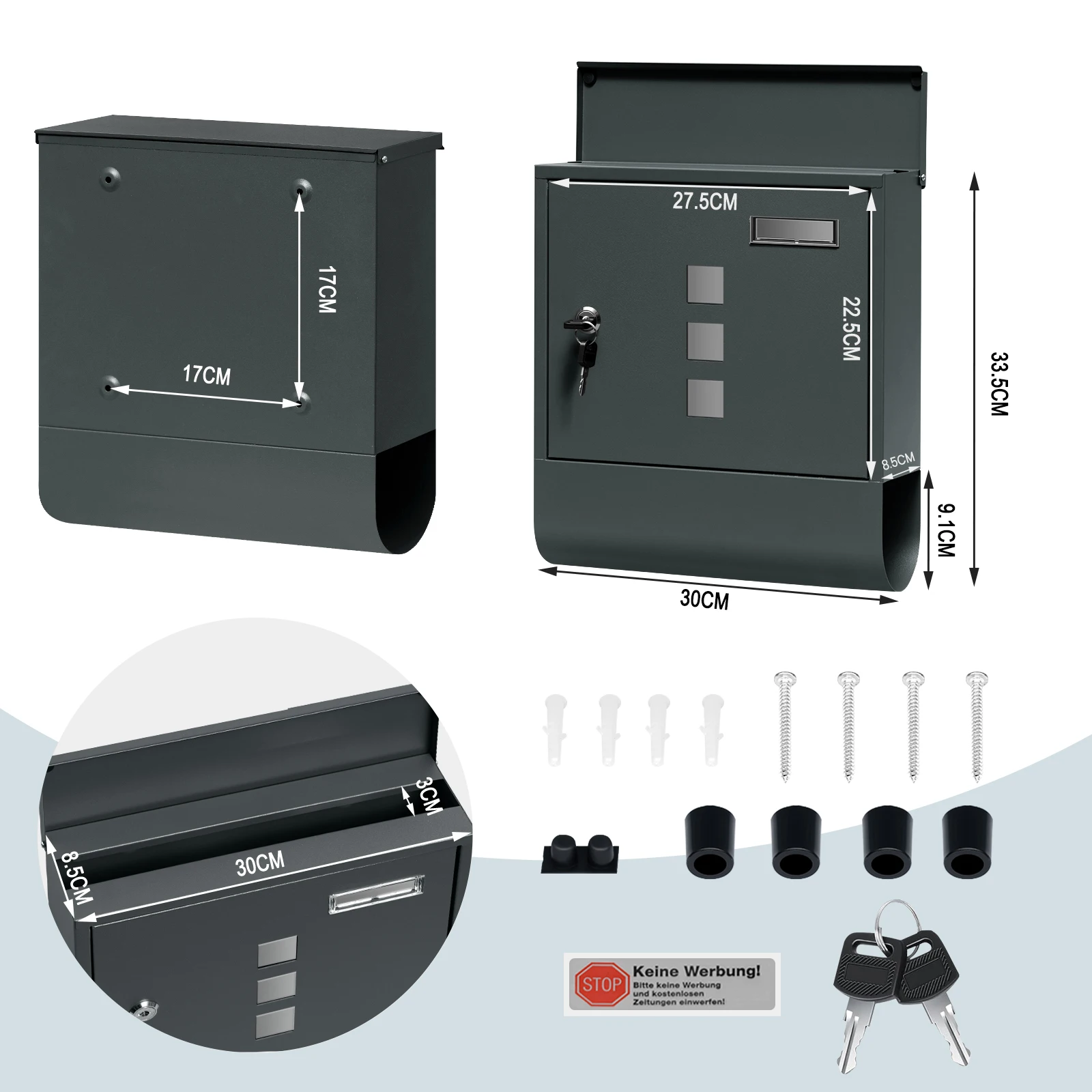 WOLTU – boîte aux lettres moderne Anthracite, avec porte-journaux, fenêtre transparente, étiquette nominative, boîte aux lettres murale verrouillable avec 2 clés