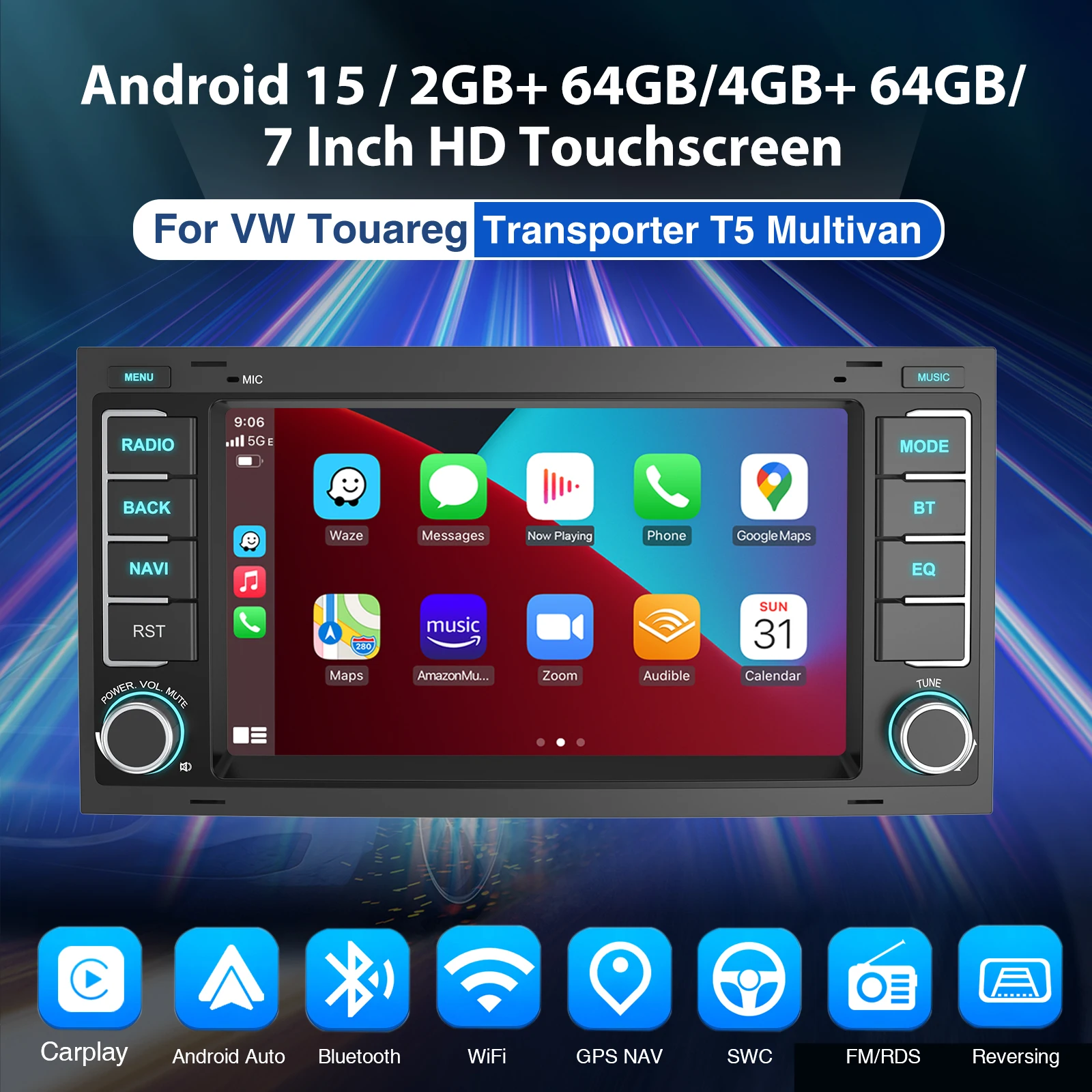 ESSGOO Autoradio Android15 7" 4+64G/6+128G/2+64G für VW Touareg 2003–2010 / T5 Multivan/Transporter 2003–2015 Wireless CarPlay GPS Navigation Android Auto RDS FM Bluetooth RDS Mirror Link Touchscreen Lenkradsteuerung – Detail 17
