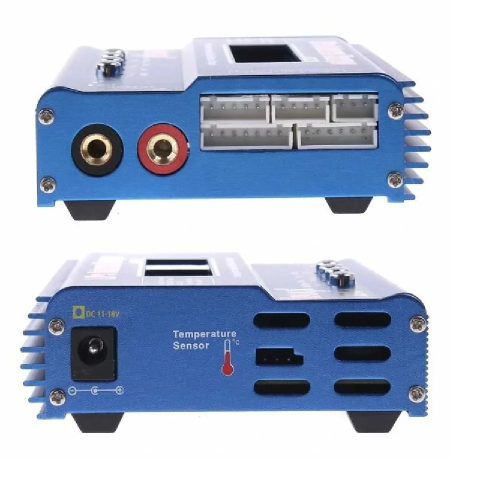 Vue arrière du chargeur intelligent pour batteries RC LiPo LiFe NiMH 80W 5A avec équilibreur, montrant les ports de sortie et le ventilateur.