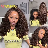 Perruque mi-tête bouclée birmane brun chocolat en cheveux humains, sans colle, 3-en-1, avec cordon de serrage et clips, perruques mi-tête à retourner 3