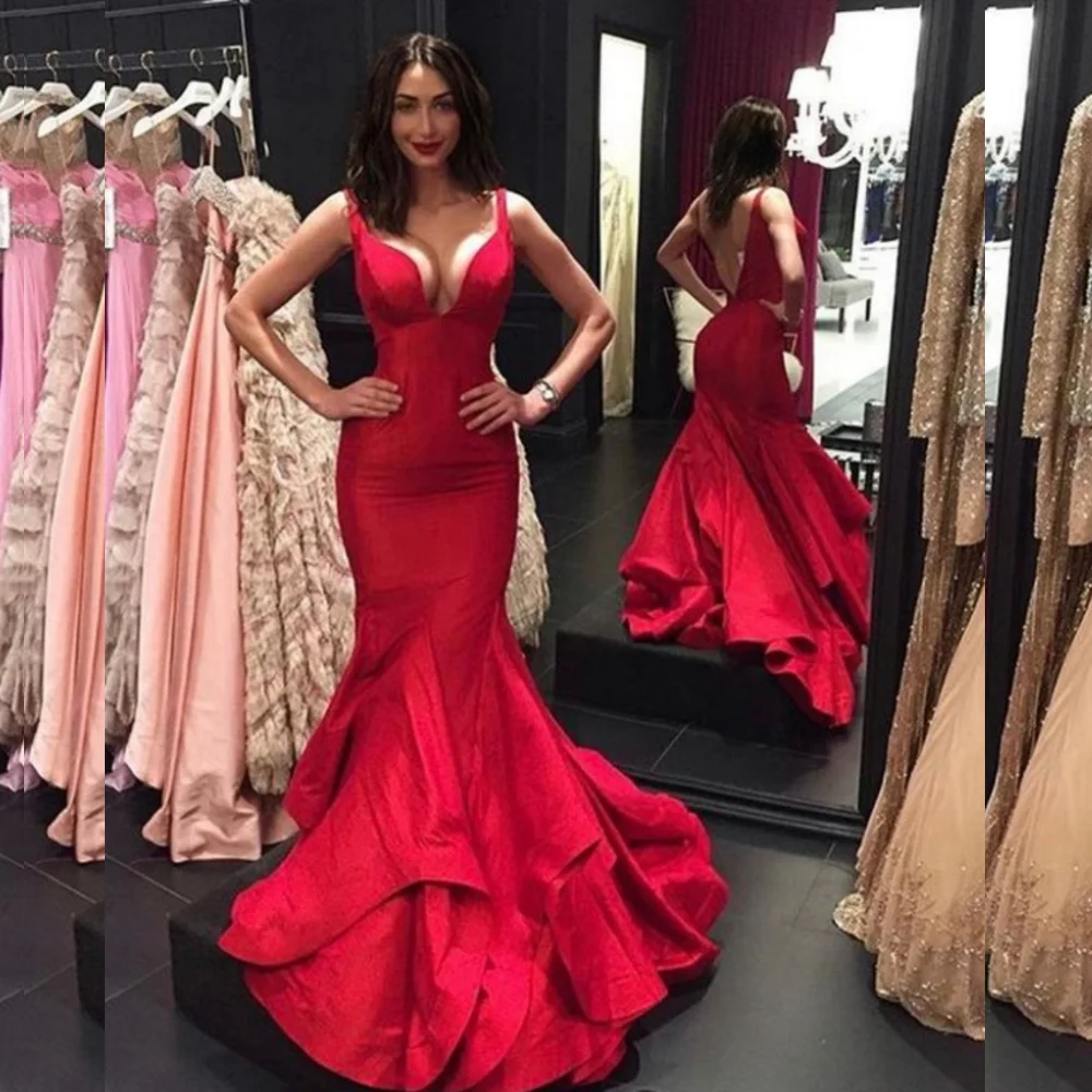 

Sexy V-neck Mermaid Hugging Open Back Tiered Taffeta Occasion Evening Gown Robe De Soiree Luxe Femme Pour Mariage