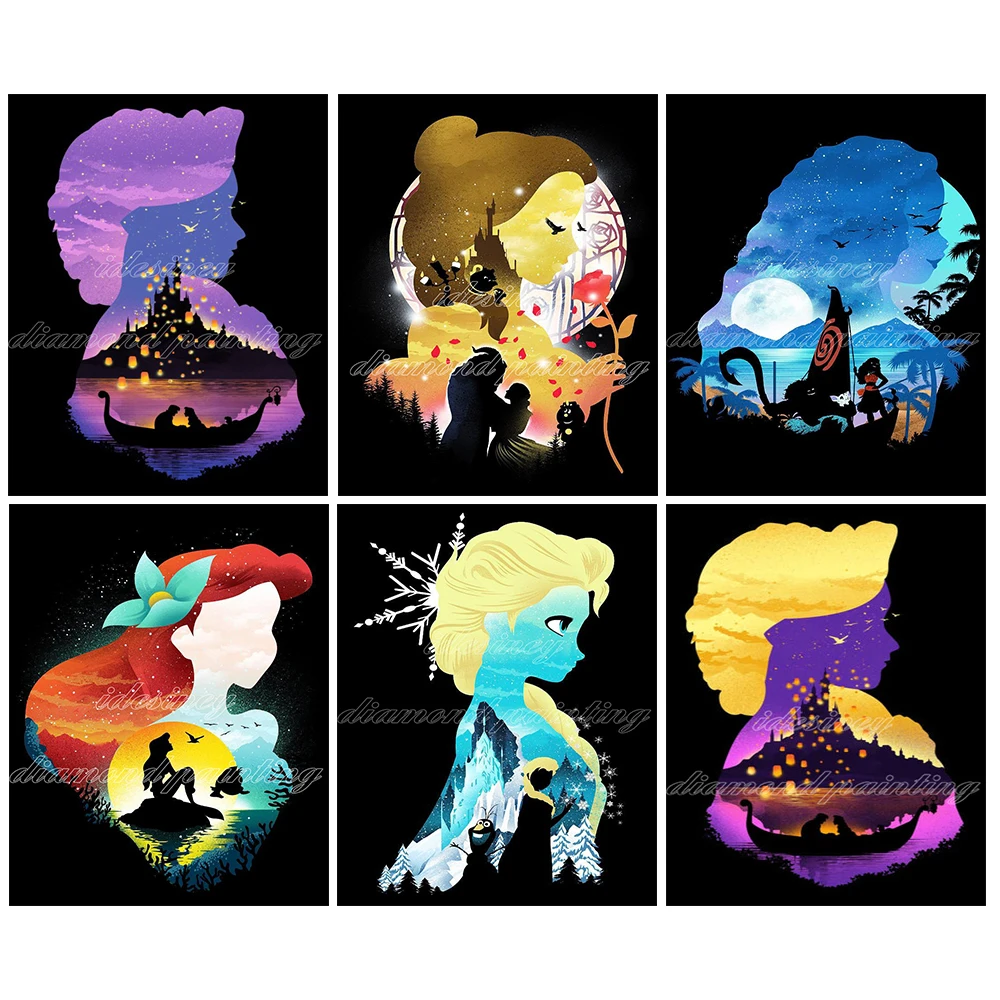 Disney Princess Diamond Painting Silhouette Series - Black Full Drill Hobby Cross Stitch Wall Sticker Art 5D Fai Da Te Home Decor