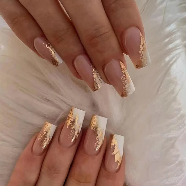 White and gold glitter almond shaped nail extensions | Gold nails, Nail  extensions, Almond shape nails