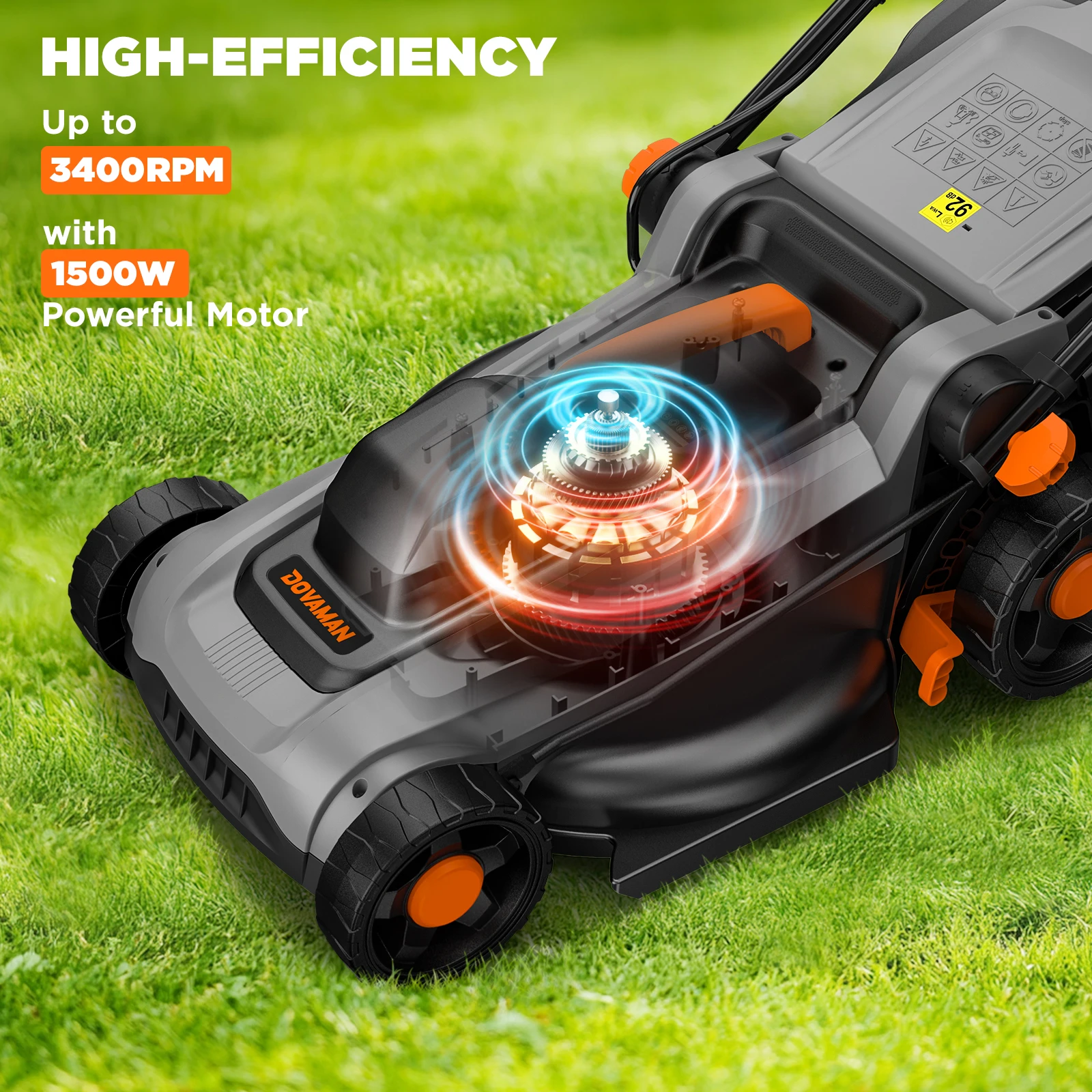 Tosaerba Elettrico DOVAMAN 1500W, Taglio 36cm, Raccolta 95%, 6 Impostazioni Altezza, Cesto Raccoglierba 40L, Funzione 2-in-1 Mulching e Raccolta - immagine 2