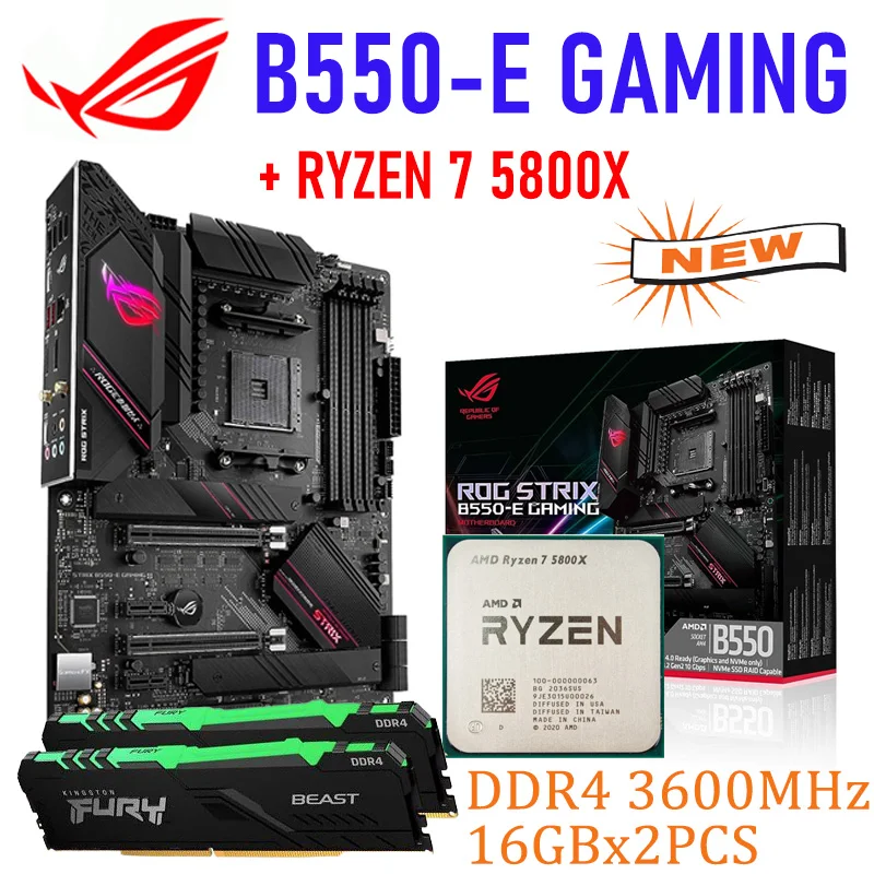 

New ASUS ROG STRIX B550-E GAMING DDR4 USB Socket AM4 Motherboard Combo With AMD Ryzen 7 5800X CPU Kingston 3600MHz 32GB RGB Suit