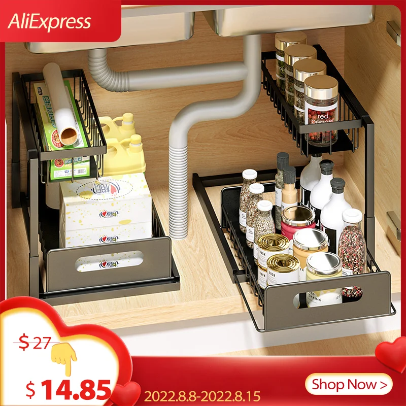 Cesta de armazenamento prateleira de cozinha organizador rack pull out gaveta destacável multi função ferro armário utensílios de mesa especiarias de armazenamento em casa - Organizar e arrumar a sua cozinha