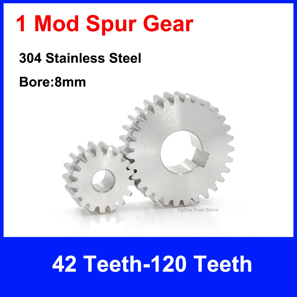 1PCS Pinion Spur Gear 1M 42T-120T Transmission Cylindrical Gear 304 Stainless Steel 1 Modulus 42 Teeth-120 Teeth Bore 8mm