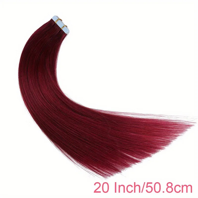 Alimice 99J# Burgundy 20pcs Tape Straight Hair Extensions Human Hair Extensions Invisible Tape In 50g