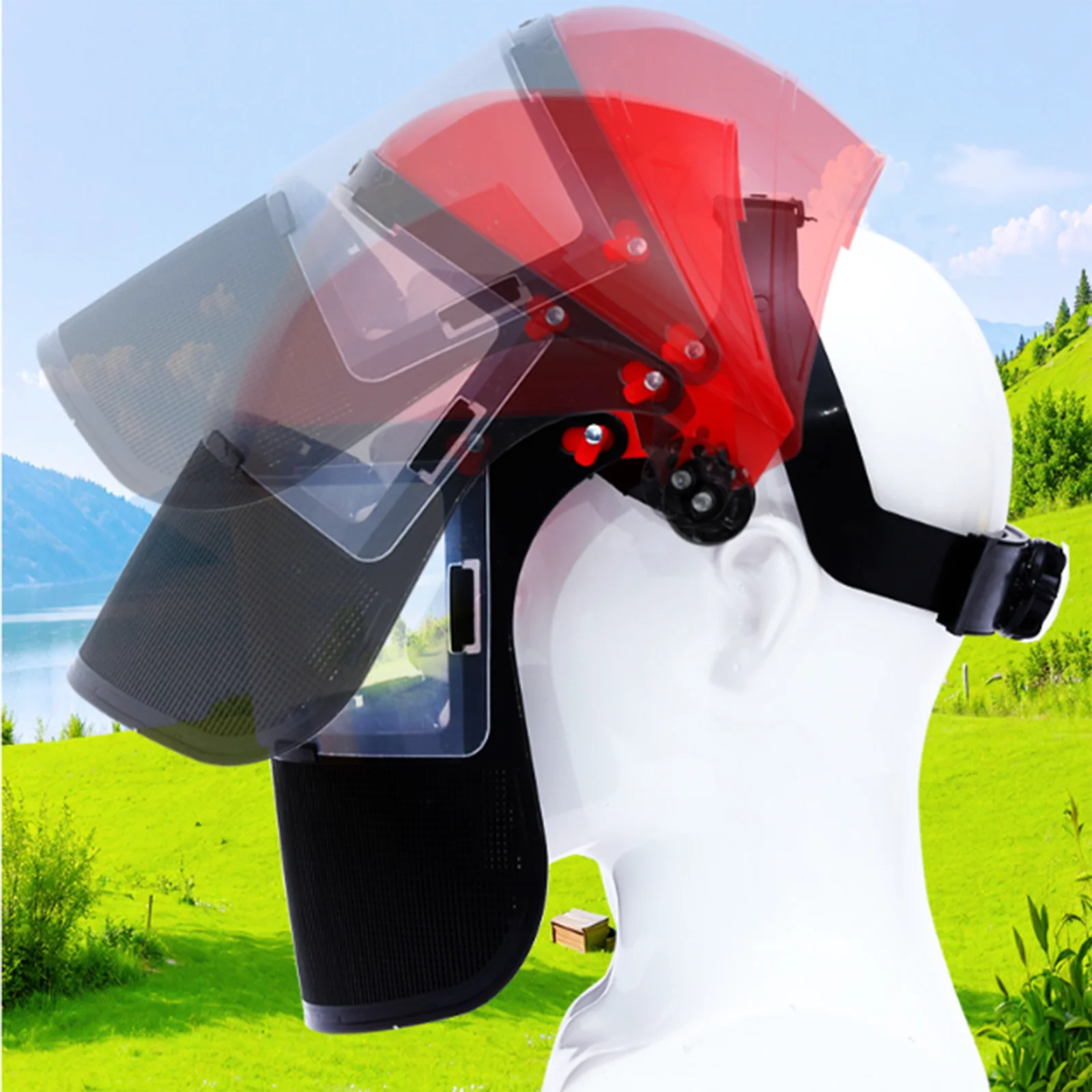 Full Face Shield Attachment with Flip-Up Metal Mesh Visor for Gardening and Weeding Protection