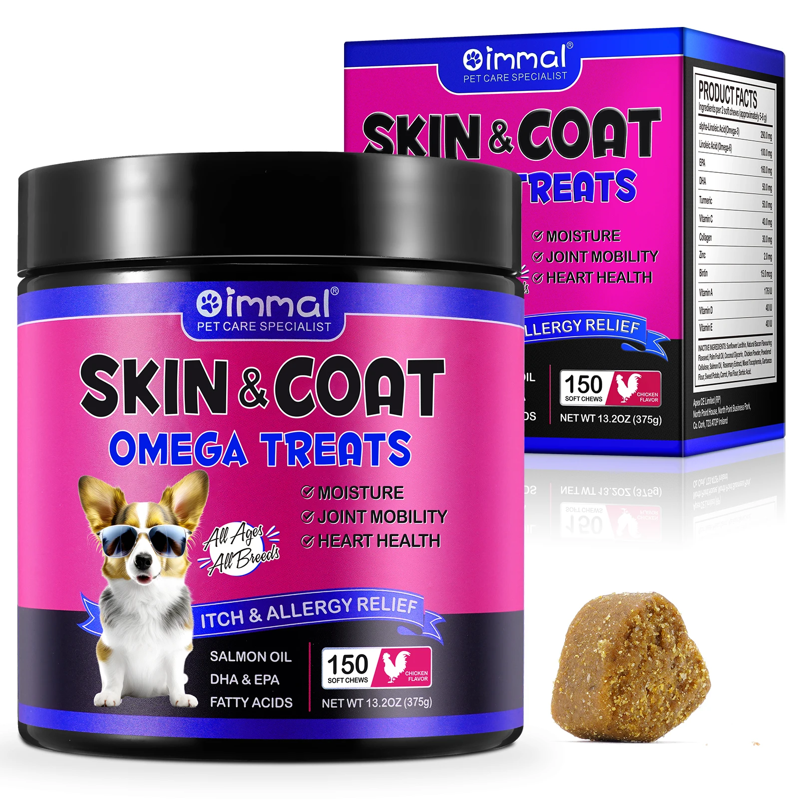Skin & Coat Omega 3 Treats for Dogs Shedding Skin Allergy Itch Relief Hot Spots Treatment Joint Health Supplement Chicken Flavor