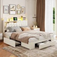 Двуспальная кровать Anajqaqia с мягкой обивкой, кровать для хранения вещей с ящиками, светодиодной подсветкой и зарядкой через USB, бархатная ткань, бежевый — изображение 3