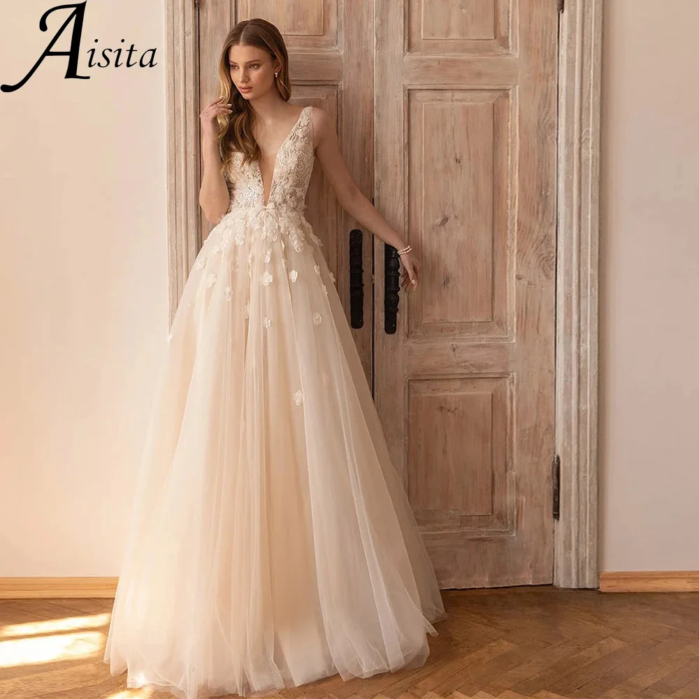 

Delicate Deep V Neck A Line Wedding Dresses Lace Appliques Bridal Gown Sleeveless Open Back Sweep Train Vestidos De Novia