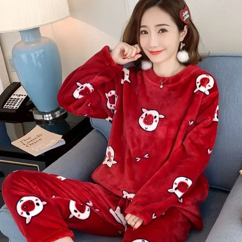 Winter Pajamas Set for Women Fashion Pullover Cute Soft Girl/kids flannel Pyjamas Set Warm Long-sleeved Trousers Two-piece Set