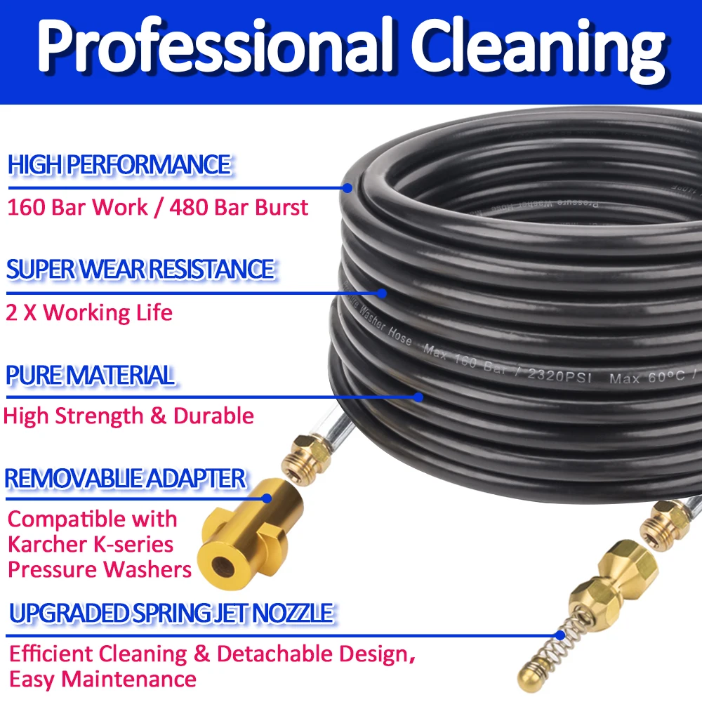 High Pressure Washer Sewer Drain Water Cleaning Hose Pipe Cleaner 6~20 Meters 2320psi 160bar for Karcher K2 K3 K4 K5 K6 K7