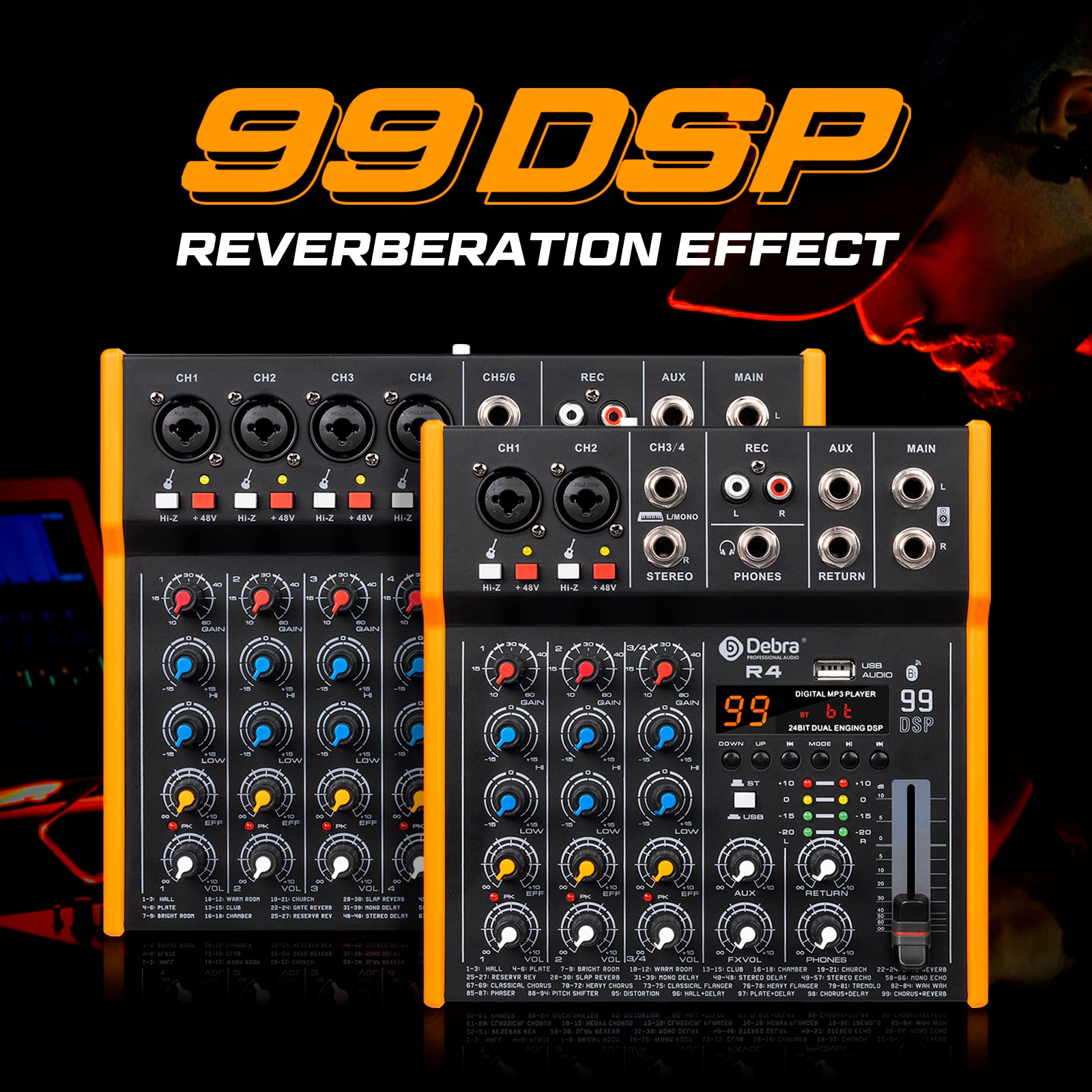 Debra 오디오 믹서 DJ 컨트롤러 사운드 믹싱 스테레오 R4/R6 99DSP 48V 6.5mm 출력 TypeC 사운드 카드 라이브 믹싱 PC 녹음