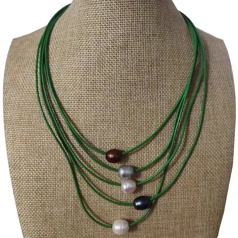 

17-20 inches Green Multi Strand Natural Pearl Leather Necklace