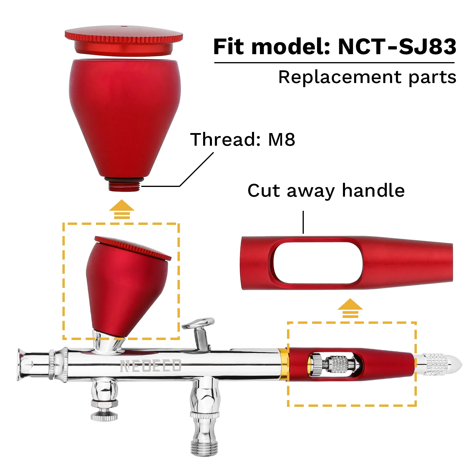 NCT-SJ83 Dual Action Airbrush 2cc 9cc 20cc 40cc Black Red Cups & Handles Replacement Parts Accessories NEOECO 2