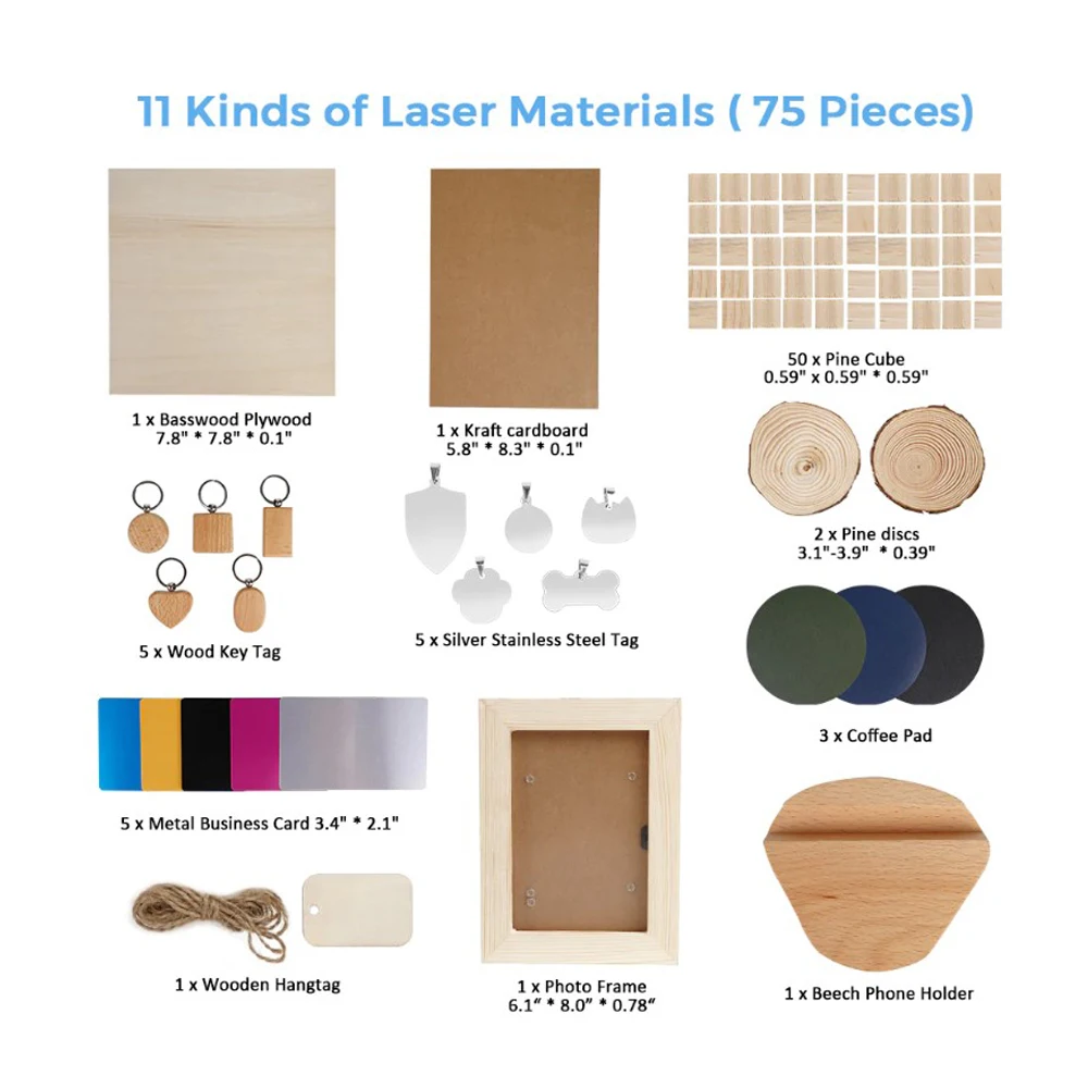 75Pcs Laser Engraving Machine Engraving Material Kit Laser Test Piece Metal  Pendant Wooden Handicraft Ornament Log Plywood