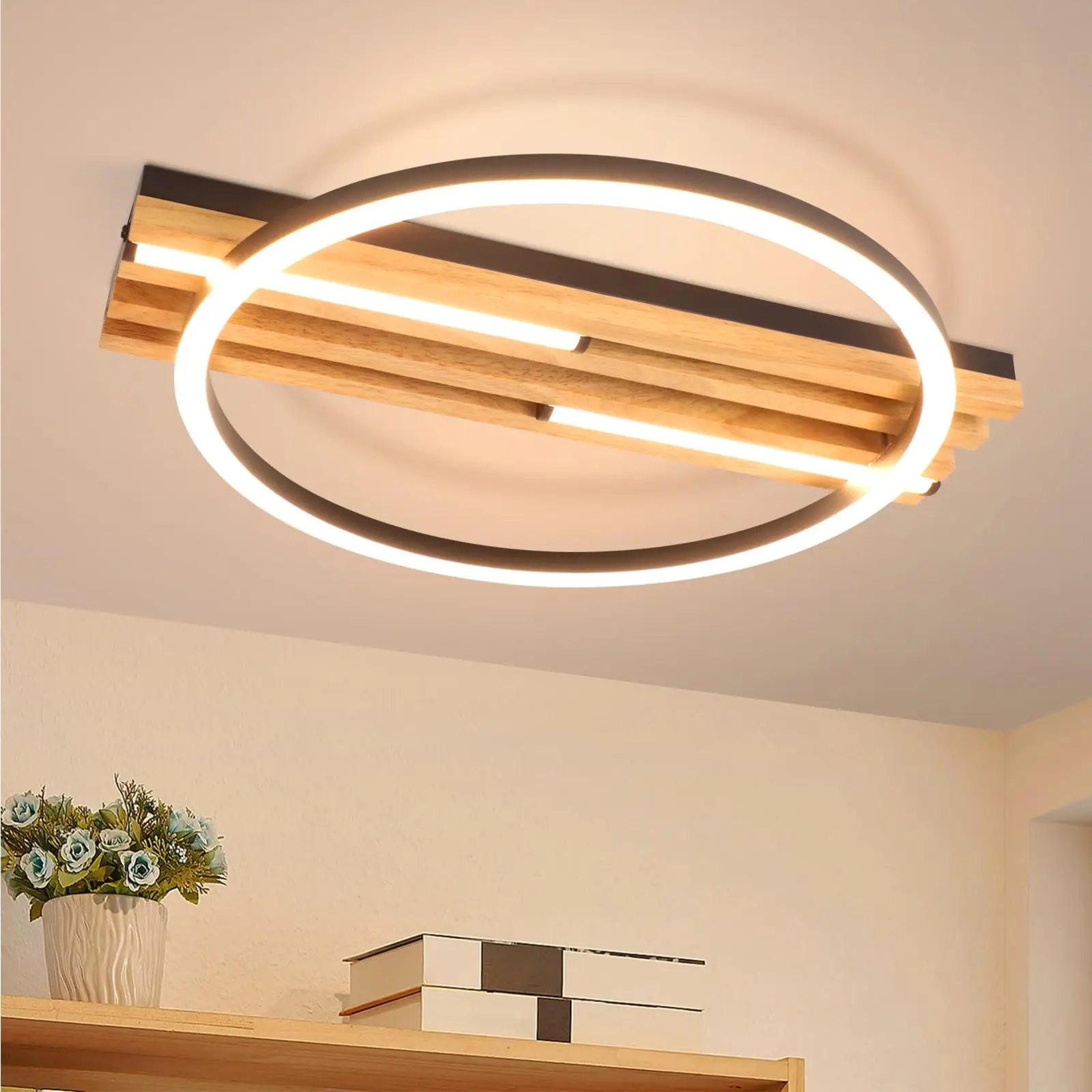 Plafoniera LED Legno Anello Nero — Dimmerabile - immagine 9