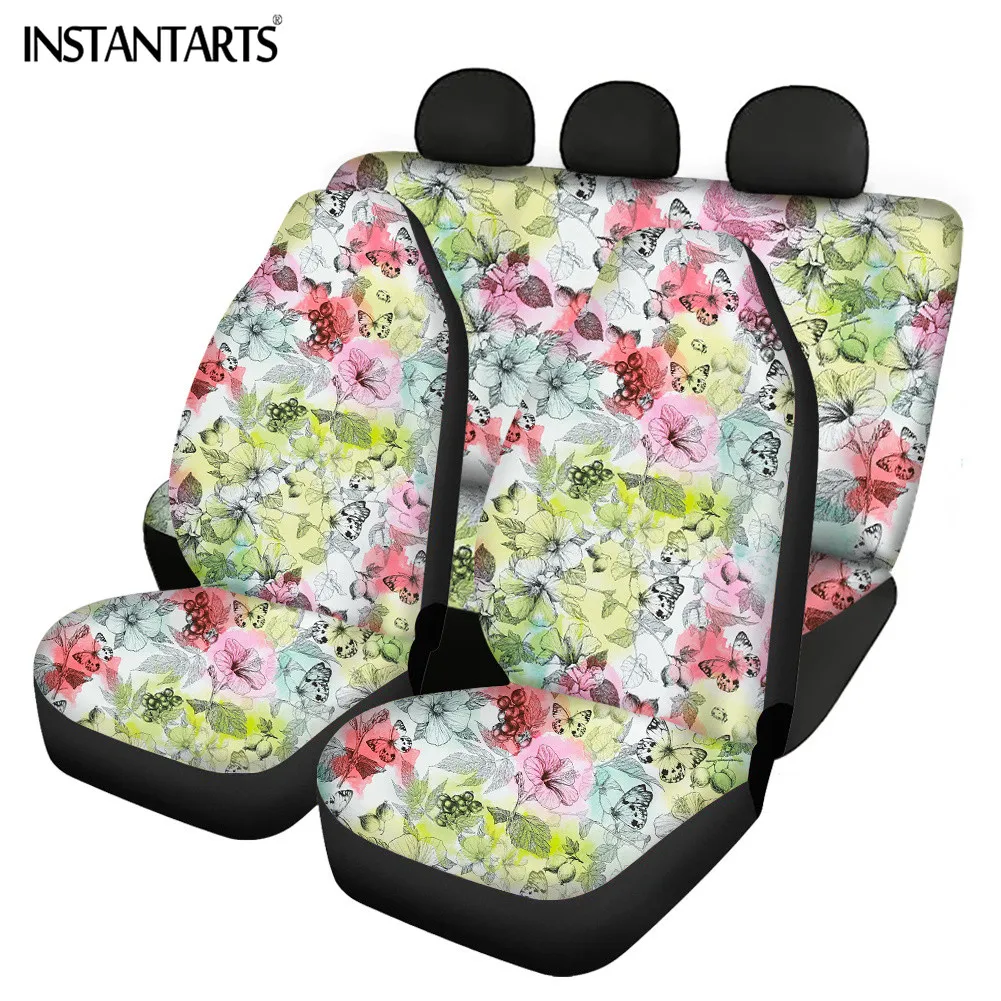 

INSTANTARTS Beautiful Flower Pattern Car Trim Seat Cover Set Comfortable Durable Soft Cushion Uniserval Size Fit Most Automobile
