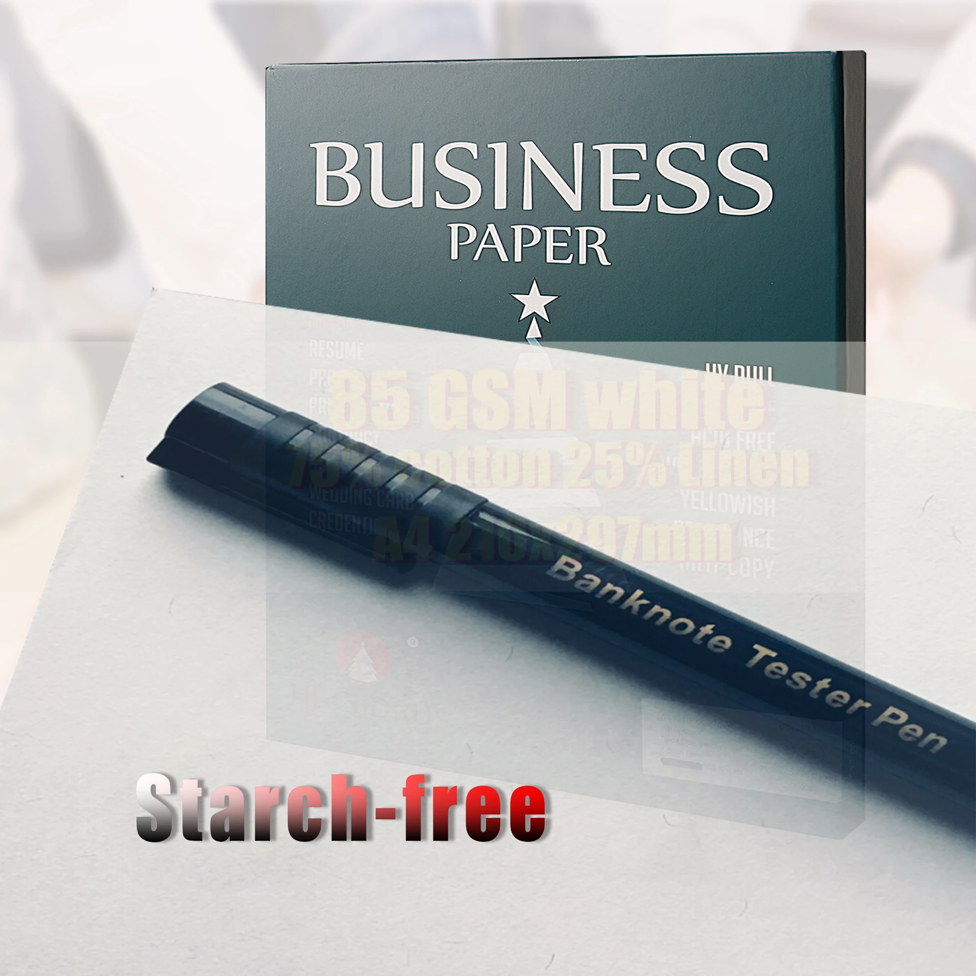 85gsm 75% cotton 25% linen paper A4 210*297mm white color with red and blue fiber starch-free waterproof 500 sheets GCYT006