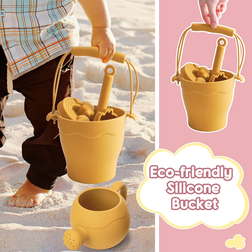 8pcs Beach Toys BPA Free Food-Grade Silicone Fun Summer Outdoor Toys For Kids With Bucket 4 Color Sand Set 4