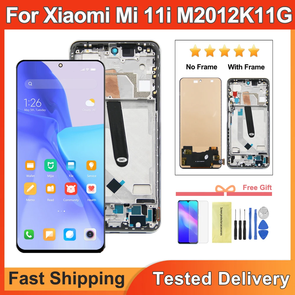 100% протестированный экран для Xiaomi Mi 11i M2012K11G, ЖК-дисплей, сенсорный экран, дигитайзер, панель в сборе для Xiaomi Mi11i, ЖК-дисплей с рамкой