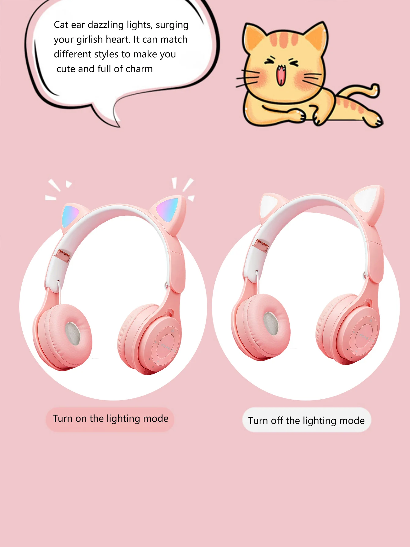 Cuffie a forma di orecchie di gatto con tecnologia wireless, effetto di illuminazione RGB, BT 5.0 con bassa latenza, batteria a lunga durata, come regalo. - Image 4