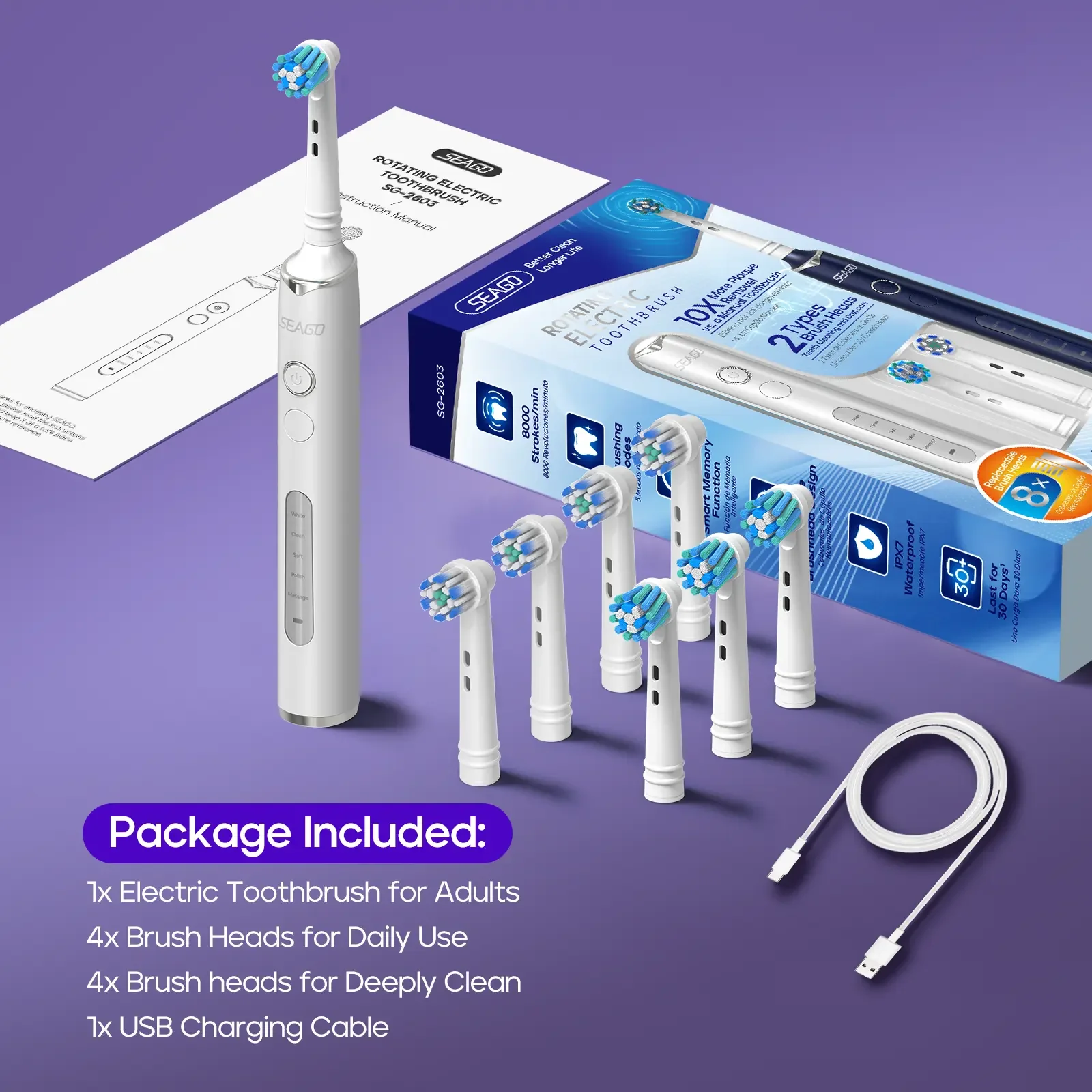 Rotating Sonic Electric Toothbrush IPX7 Waterproof 8,000 Str/Min 5 Modes Rechargeable Lithium Battery 21 Days Runtime For Gift