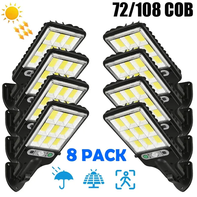 

Уличные фонари на солнечной батарее, уличная лампа 108COB с 3 режимами освещения, датчиком движения, для безопасности сада, патио, дорожек, двора, 1 ~ 8 упаковок