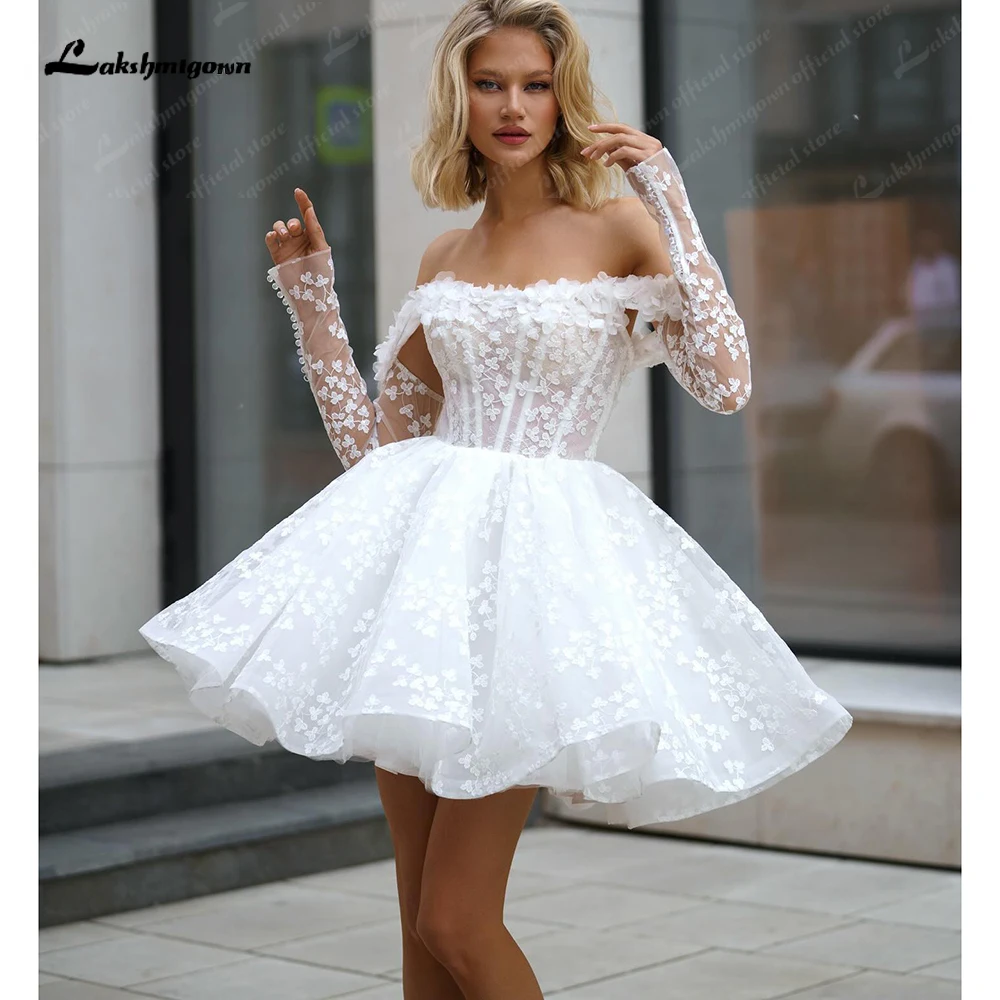 

Lakshmigown кружевные свадебные платья цвета слоновой кости с открытыми плечами и длинными рукавами короткие платья невесты трапециевидное мини-платье для женщин vestidos midi