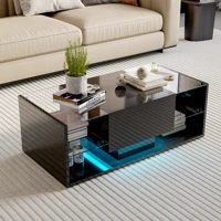 Table basse super brillante, table de salon avec LED et tiroirs, table de canapé noire moderne avec espace de rangement, table d'appoint avec 2 étagères en verre, pour salon 3