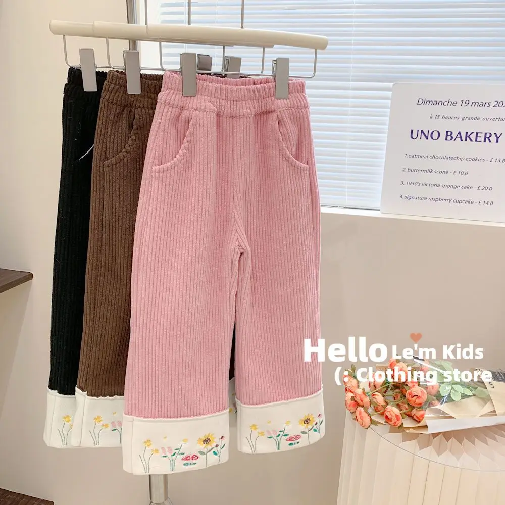 

Fashion Girls Winter Warm Plus Velvet Corduroy Loose Casual Pants Babys Floral embroidery Vintage Texture Wide Leg Pants Solid