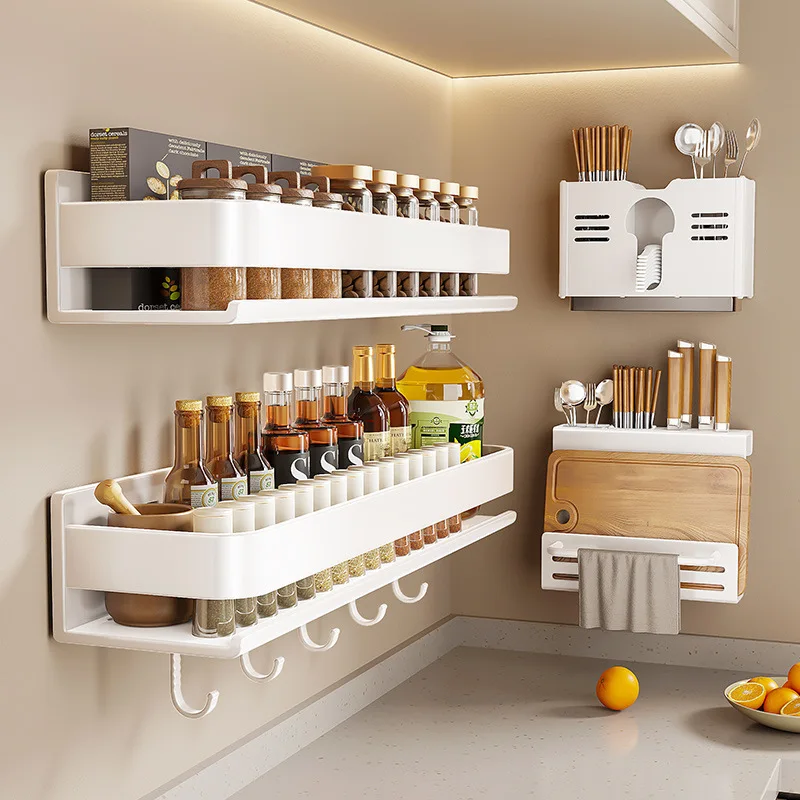 30-50CM Aluminum Wall-Mounted Spices Rack Multifunctional Item Shelf Kitchen Tools Hooks Kitchen Condiment Storage Rack
