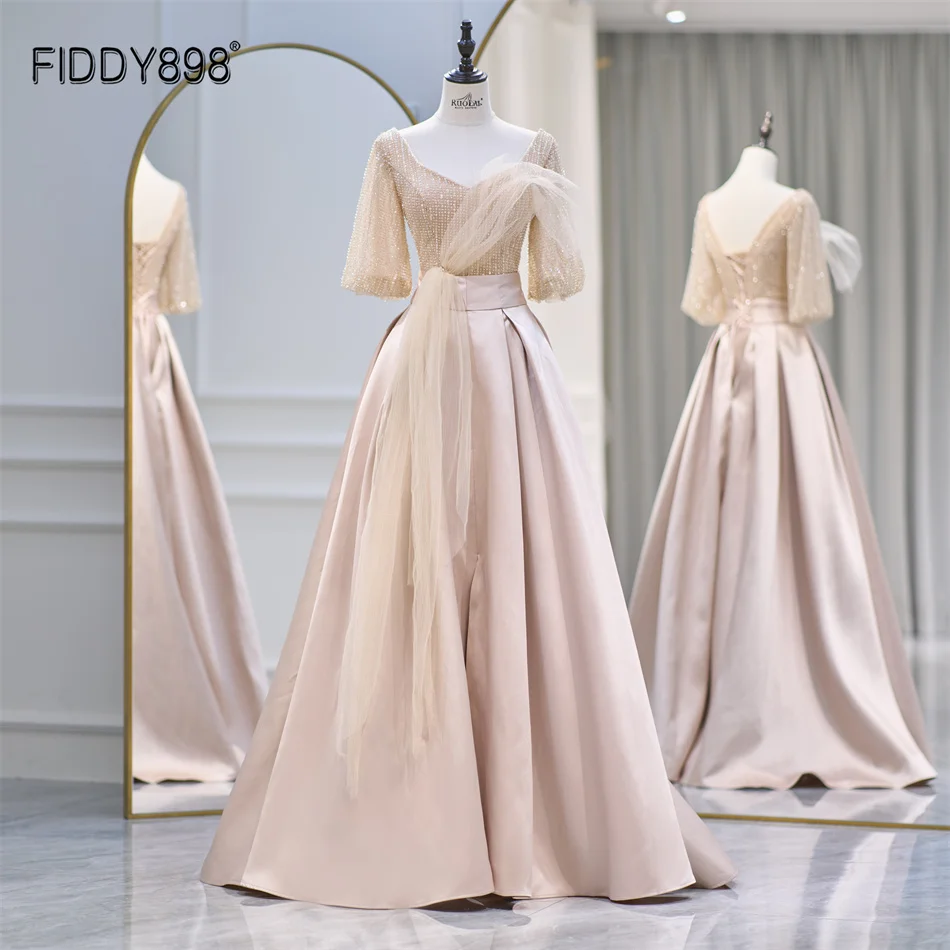 

Ruolai New Design Sweetheart Evening Dresses for Women Short Sleeve Beaded Top and Satin Skirt Party Gowns LWC6621
