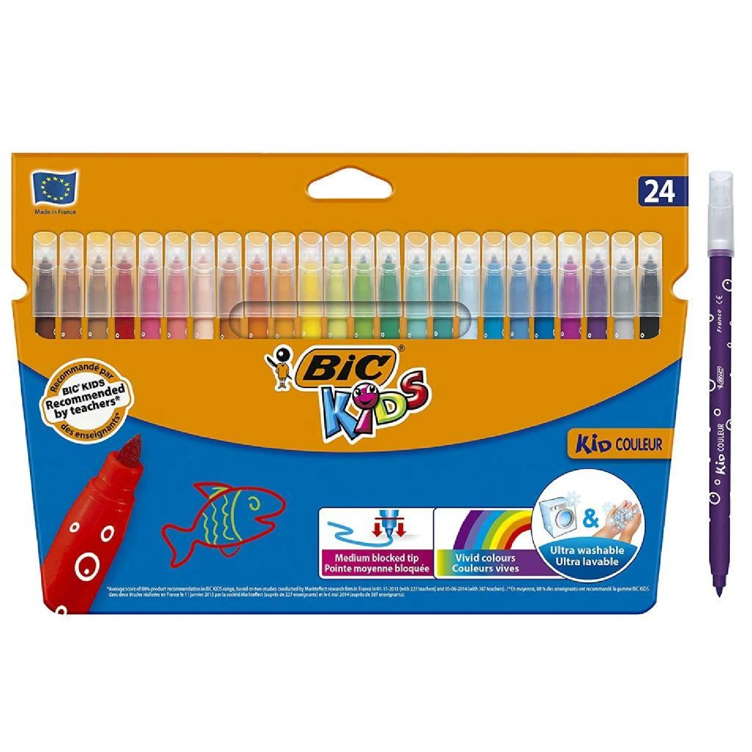 BIC Kids Kid Couleur Felt Tip Colouring Pens - Assorted Colours, Cardboard Wallet of 24-Office School Supplies Stationary