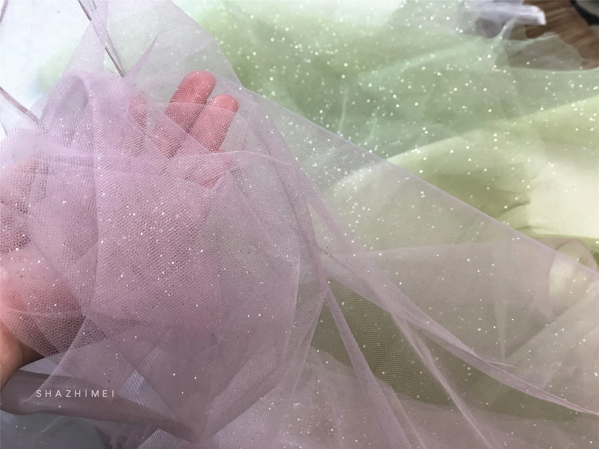 Purple Champagne Fine Glitter Crystal Mesh Tulle Wedding Dress Fabric