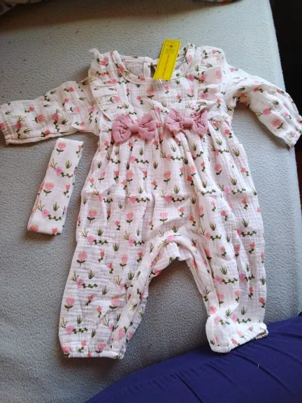 Baby Floral Bow Long-Sleeve Jumpsuit & Headband Set, 0–6M photo review