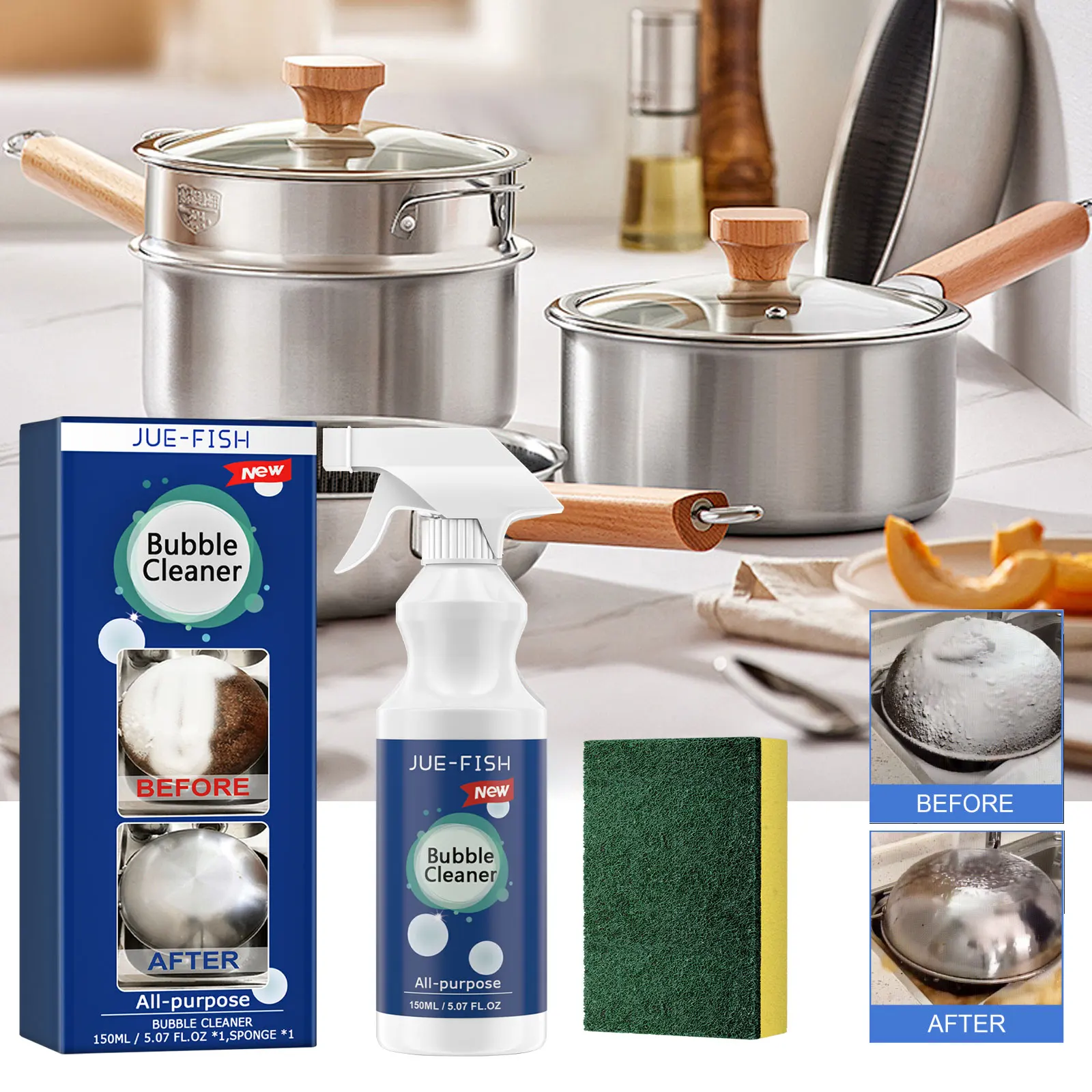 Jue-Fish Grease Remover Cleaning Spray Kitchen Heavy Oil Stubborn Dirt Clean Cookware Machine Cleaning Foam Spray With Sponge