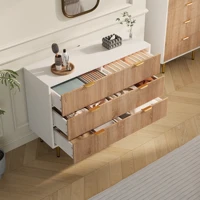 Комод с 6 ящиками, комод, шкаф для хранения вещей, сервант, современный, шкаф, для спальни, прихожей, гостиной, 100х34х73 см, белый + цвет натурального дерева — изображение 5