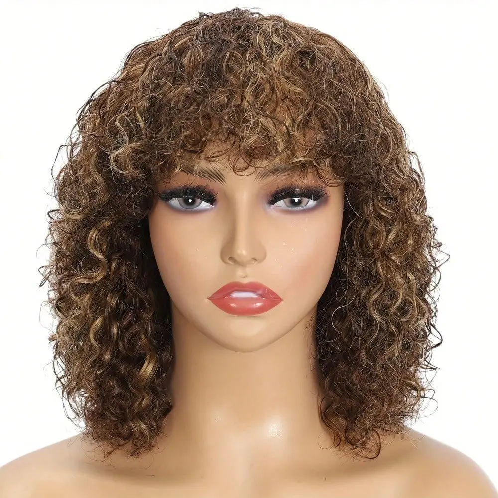 Highlight 4/27 13*4 Jerry Curly Wig With Bangs Brazilian Virgin Human Hair No Lace Front Wigs Omber Human hair Wig 4