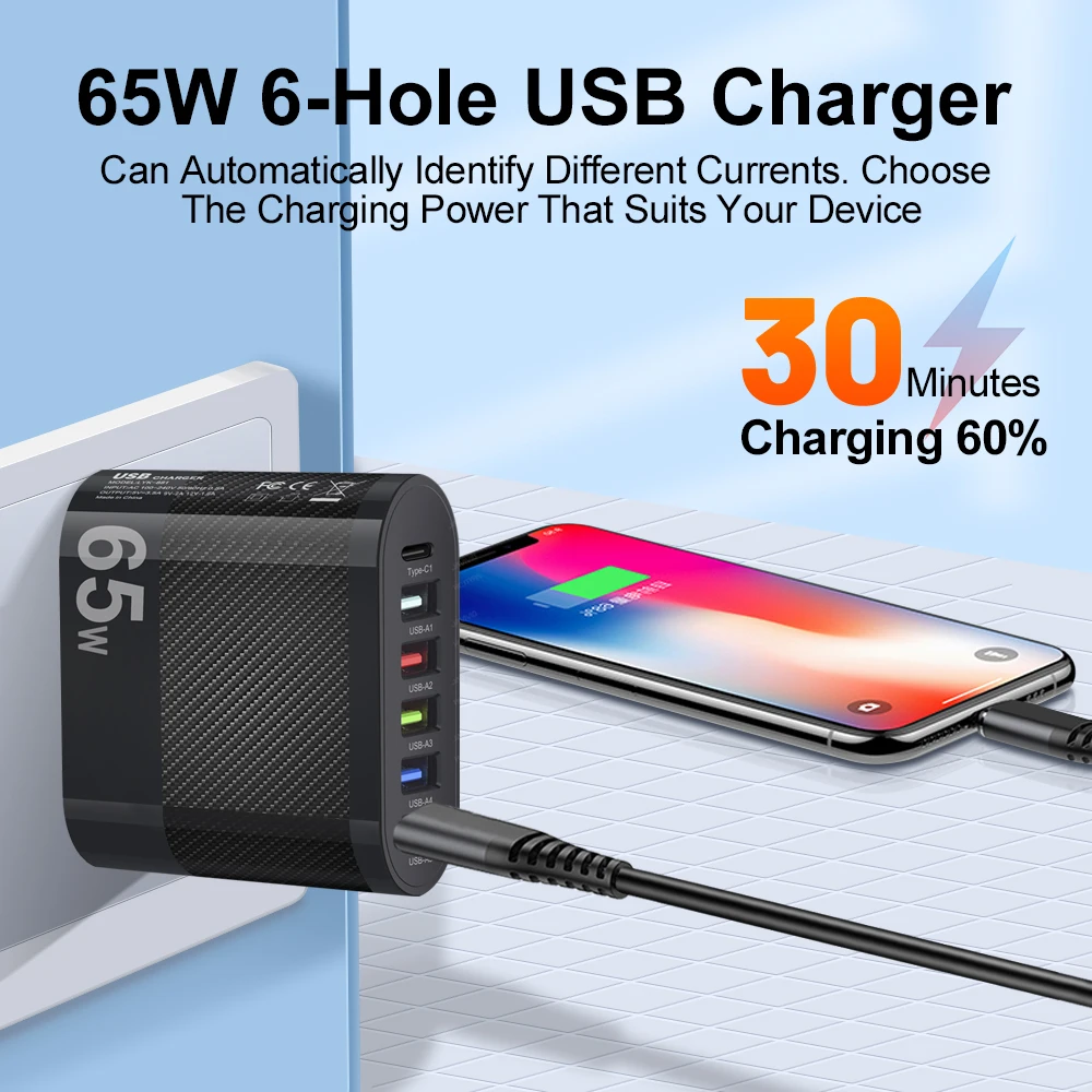 PD 65W Charger USB Type C 6 Ports Fast Charging Charger QC3.0 Power Adapter For iPhone15 14 Samsung S23 S22 Xiaomi Quick Charge