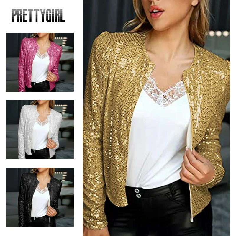 Women Sequins Blazer Sequin Long Sleeve Jacket Glitter Party Shiny Coat Outerwear for Evening Cocktail Party Dance Prom Club soda shiny top coat sparklethedayaway сияющий топ коат для губ