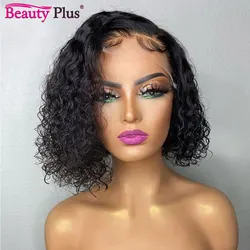 Bob Lace Wig Black Curly For Women 8-16 Brazilian Short Bob Wig 13x4 Pre Plucked Water Wave Transparent Lace Frontal Closure Wig