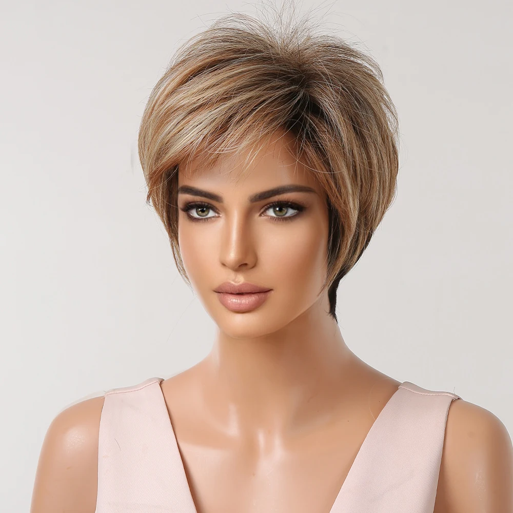 AUBWIG Parrucca Corta Marrone Pixie Cut Parrucca Per Donna Capelli Sintetici A Strati Con Frangia Per Uso Quotidiano (marrone #1B - Foto 7