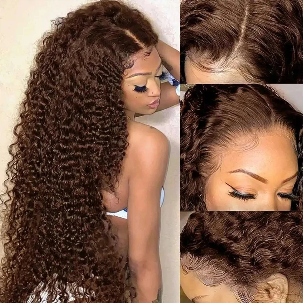 HD Invisible Strap 360 Full Lace Wig 250 Density Glueless Wig Human Hair Deep Curly Chocolate Brown 360 Lace Front Lace Wigs