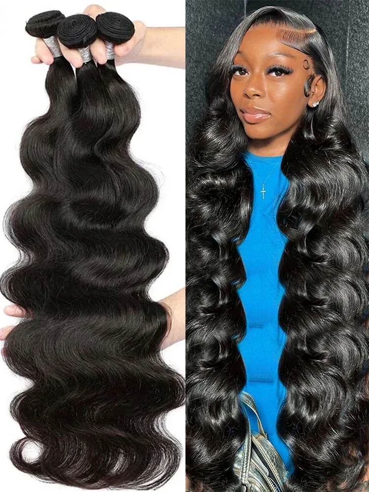 Body Wave Bundles Brazilian Hair Weave Human Hair Extensions Virgin 30 Inch Raw Natural Black 3 Bundles Deal for Women