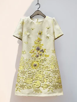 2026 Women Embossed Jacquard Beaded A-Line Dress Short Sleeve Round Neck Elegant Summer Ladies Fashion Dress 1